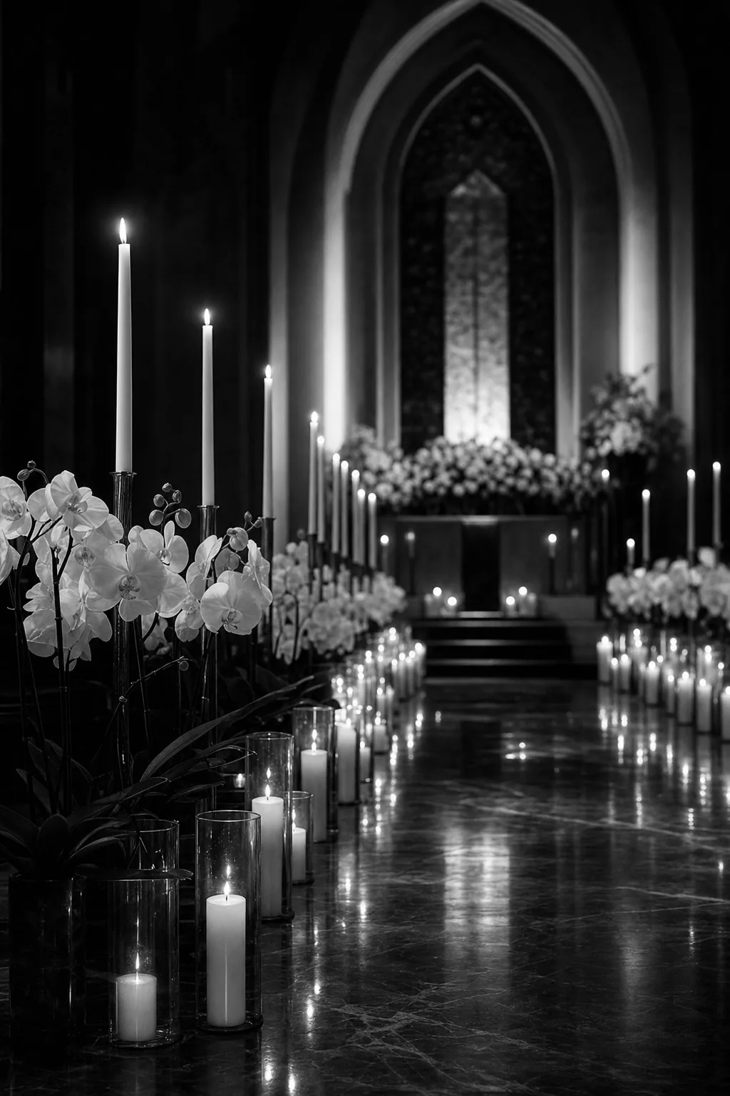 Candlelit chapel aisle lined with white orchids and gold candelabras, two gold rings on a black velvet cushion