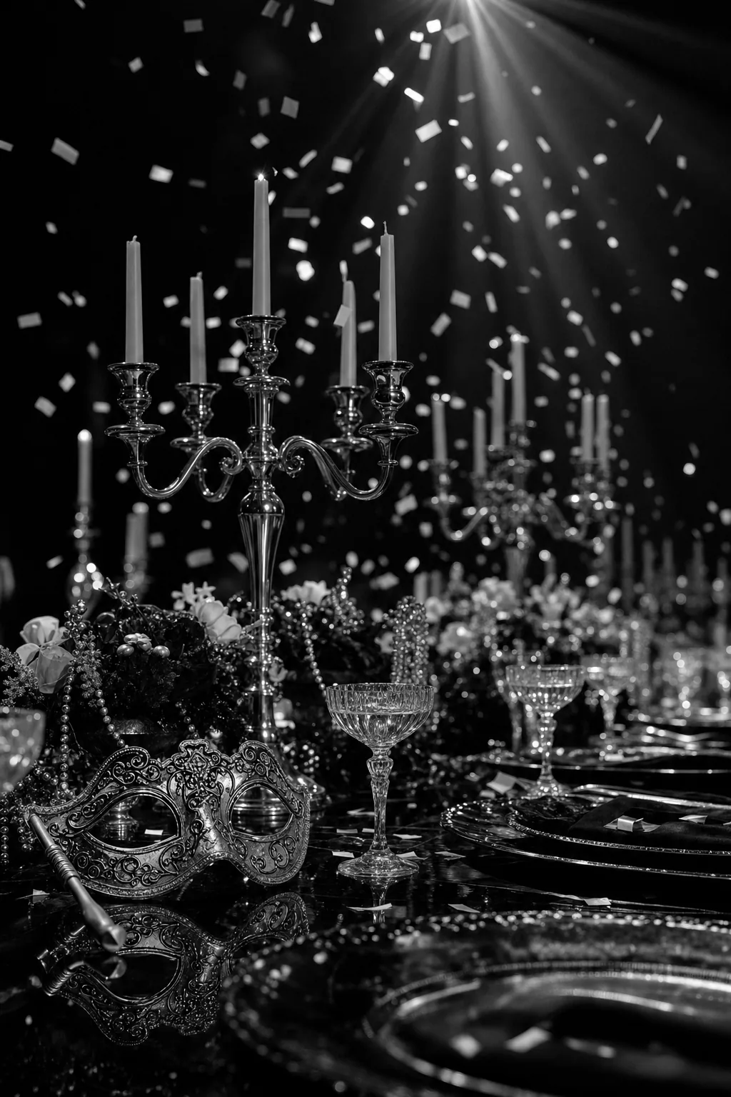 Black-tie gala table with gold candelabras, masks and falling gold confetti
