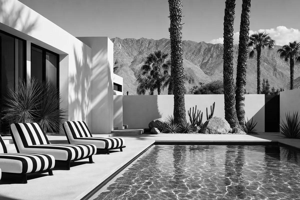 Sunlit turquoise pool at a modern Las Vegas desert home with black and gold loungers